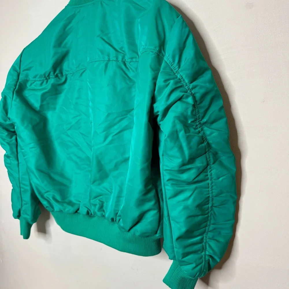 Miss Selfridge ruched sleeve bomber jacket bright green silver zipper size 4 - Picture 5 of 14